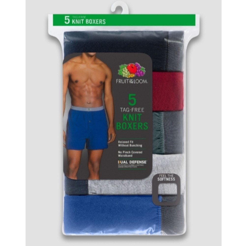 NWT Mens Fruit of the Loom Solid Knit Boxer Briefs 5 Pack